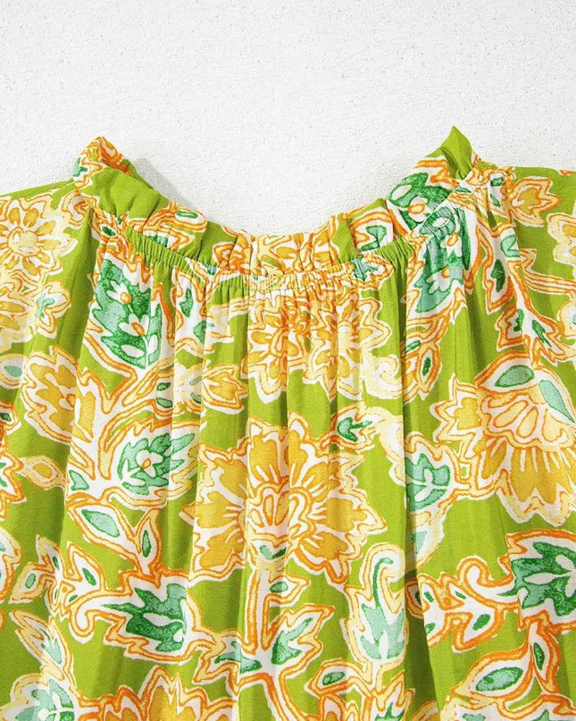 Multicolour Printed Contrast Bubble Sleeve Patchwork Blouse