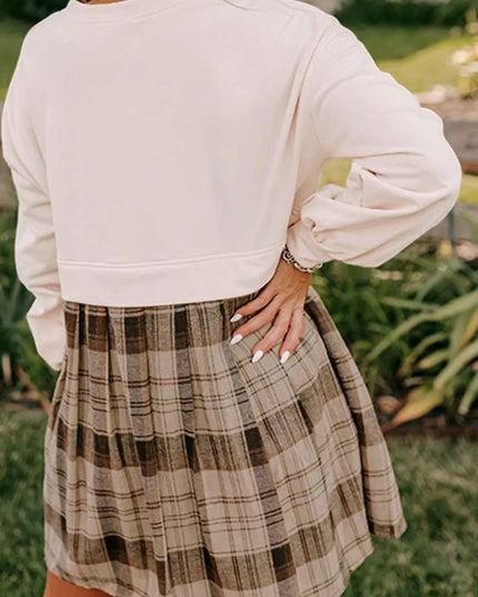 Plaid Round Neck Long Sleeve Mini Dress