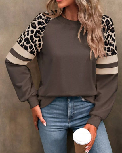 Leopard Round Neck Raglan Sleeve Sweatshirt