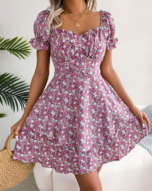 Floral Sweetheart Neck Flounce Sleeve Mini Dress Magenta Floral