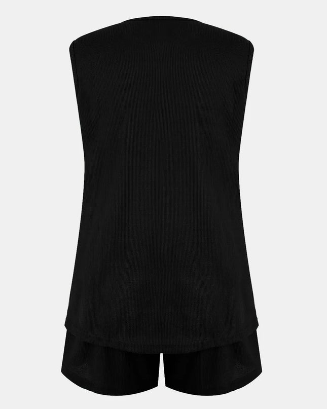 Full Size Waffle-Knit Notched Top and Shorts Set Black