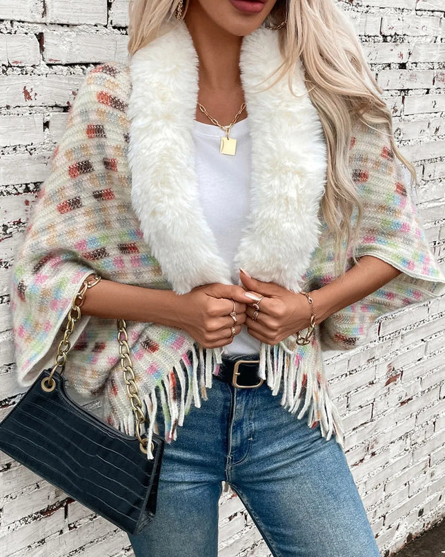 Fringe Fuzzy Open Front Poncho Cream One Size