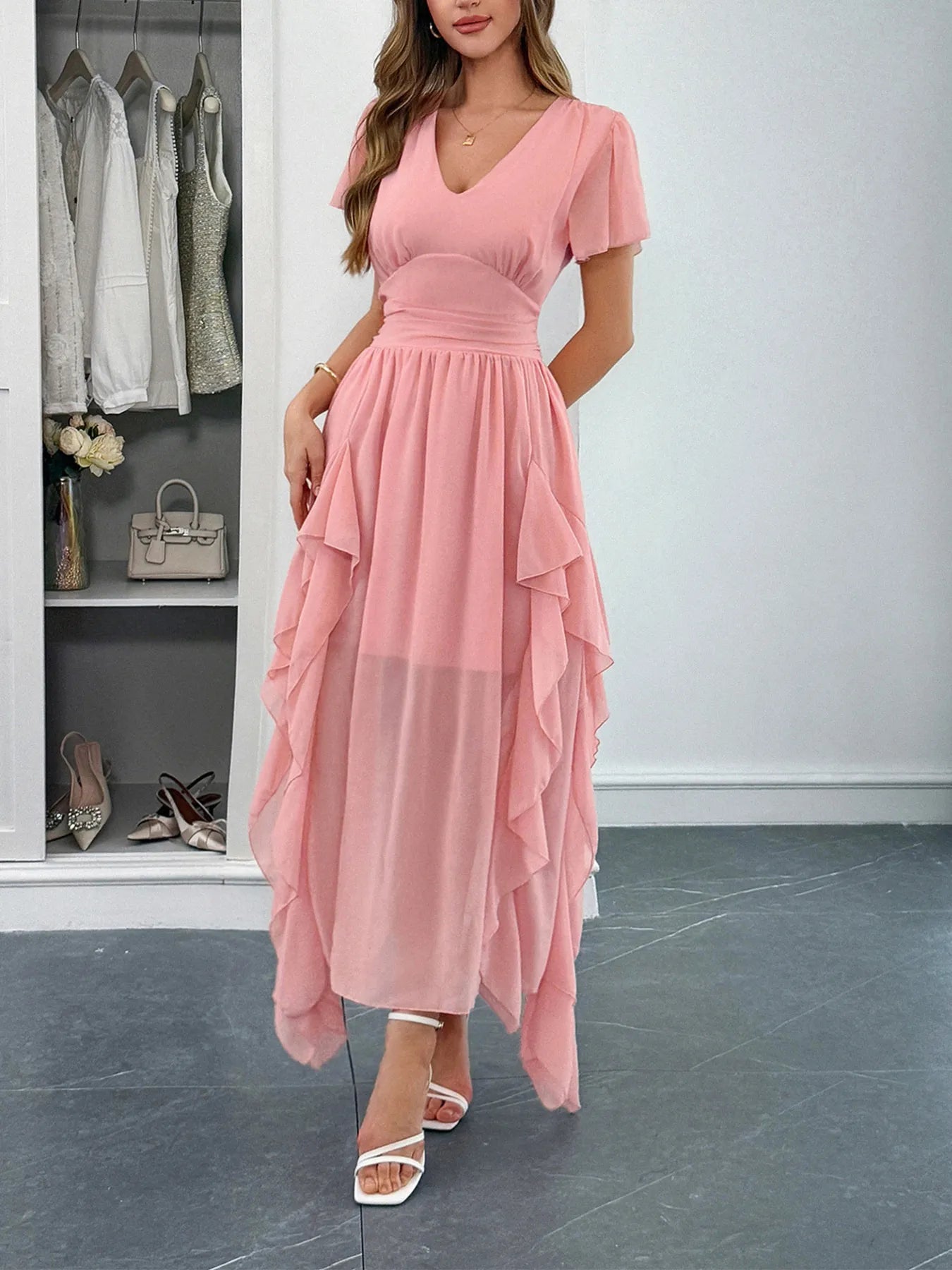 V-Neck Flutter Sleeve Dress