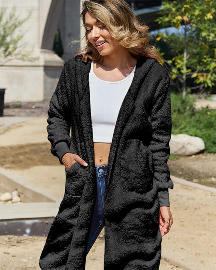 Double Take Full Size Hooded Teddy Bear Jacket with Thumbholes Black