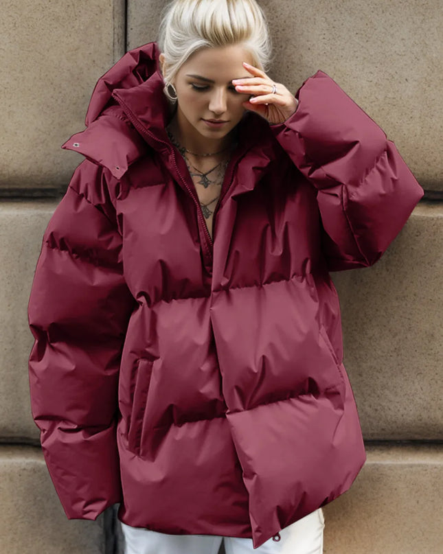 Pocketed Zip Up Hooded Puffer Jacket Burgundy