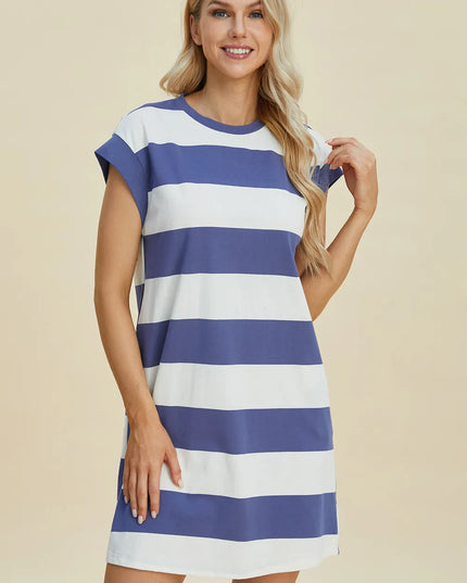Basic Bae Full Size Striped Round Neck Cap Sleeve Mini Dress