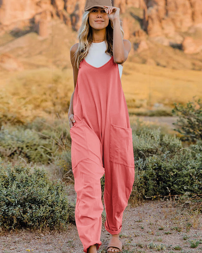 Double Take Full Size Sleeveless V-Neck Pocketed Jumpsuit Coral