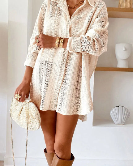 Lace Crochet Collared Neck Oversized Shirt Beige