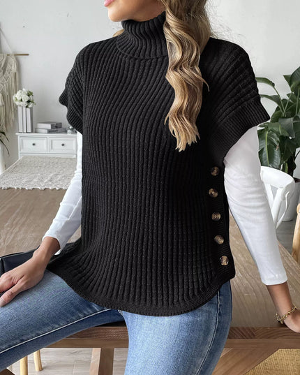 Turtleneck Side Decor Button Sweater Vest Black One Size