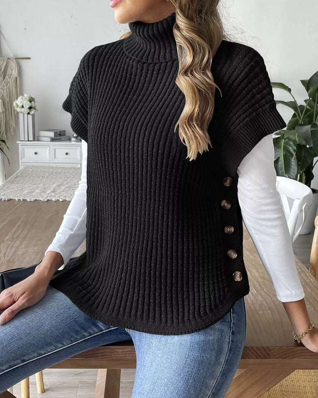 Turtleneck Side Decor Button Sweater Vest Black One Size