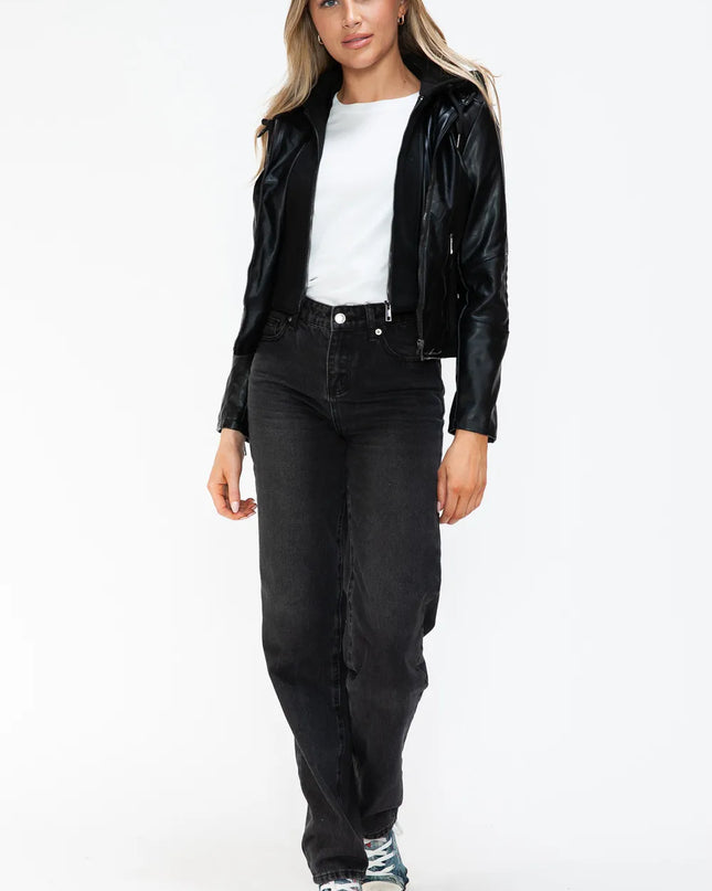 Snobbish Faux Leather Zip Up Drawstring Hooded Jacket