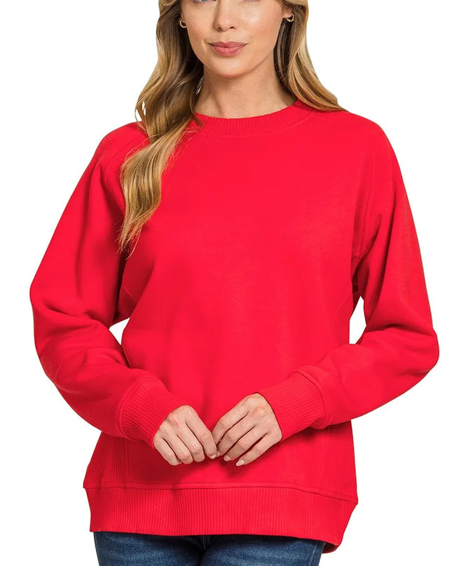 Zenana Fleece Round Neck Ribbed Side Raglan Sweatshirt RUBY