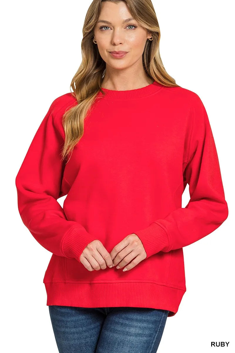 Zenana Fleece Round Neck Ribbed Side Raglan Sweatshirt RUBY