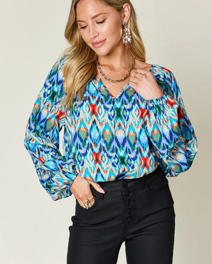 Double Take Full Size Printed Balloon Sleeve Blouse Sky Blue