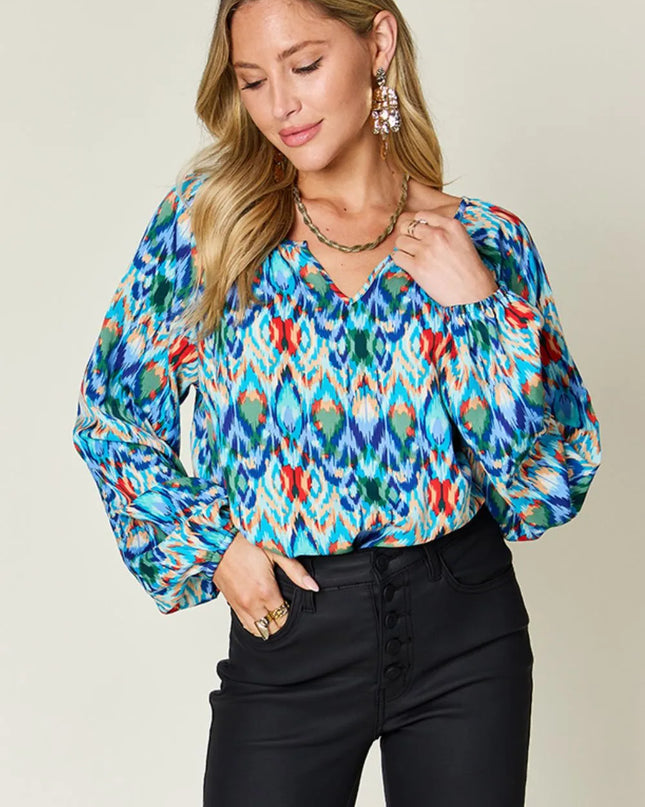 Double Take Full Size Printed Balloon Sleeve Blouse Sky Blue