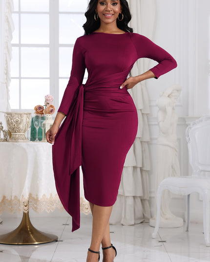 Tie Detail Round Neck Midi Dress Burgundy