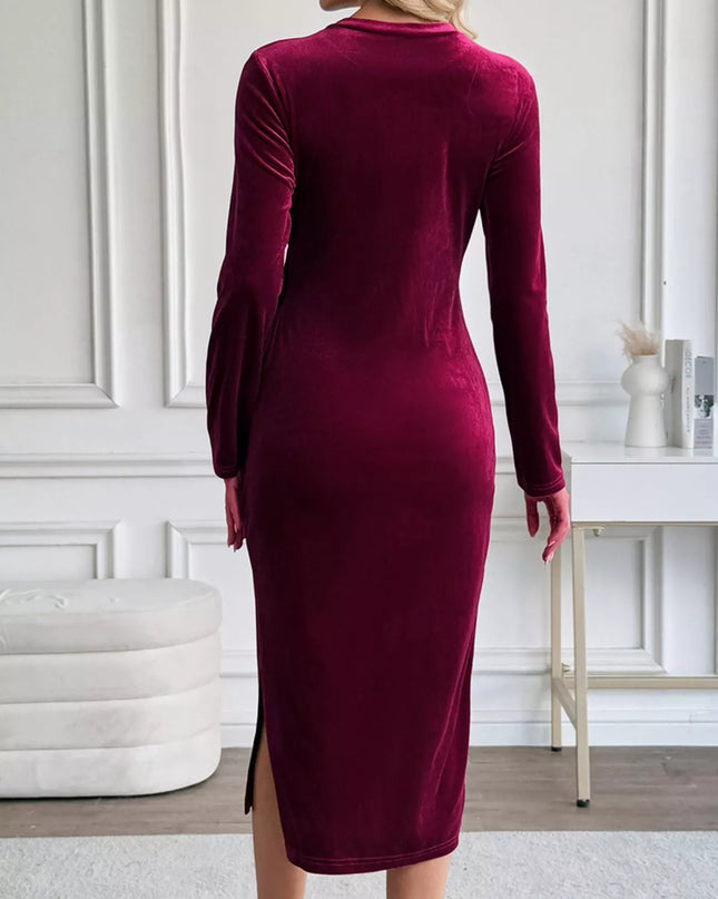Velvet Slit Round Neck Long Sleeve Dress with Side Tie Detail