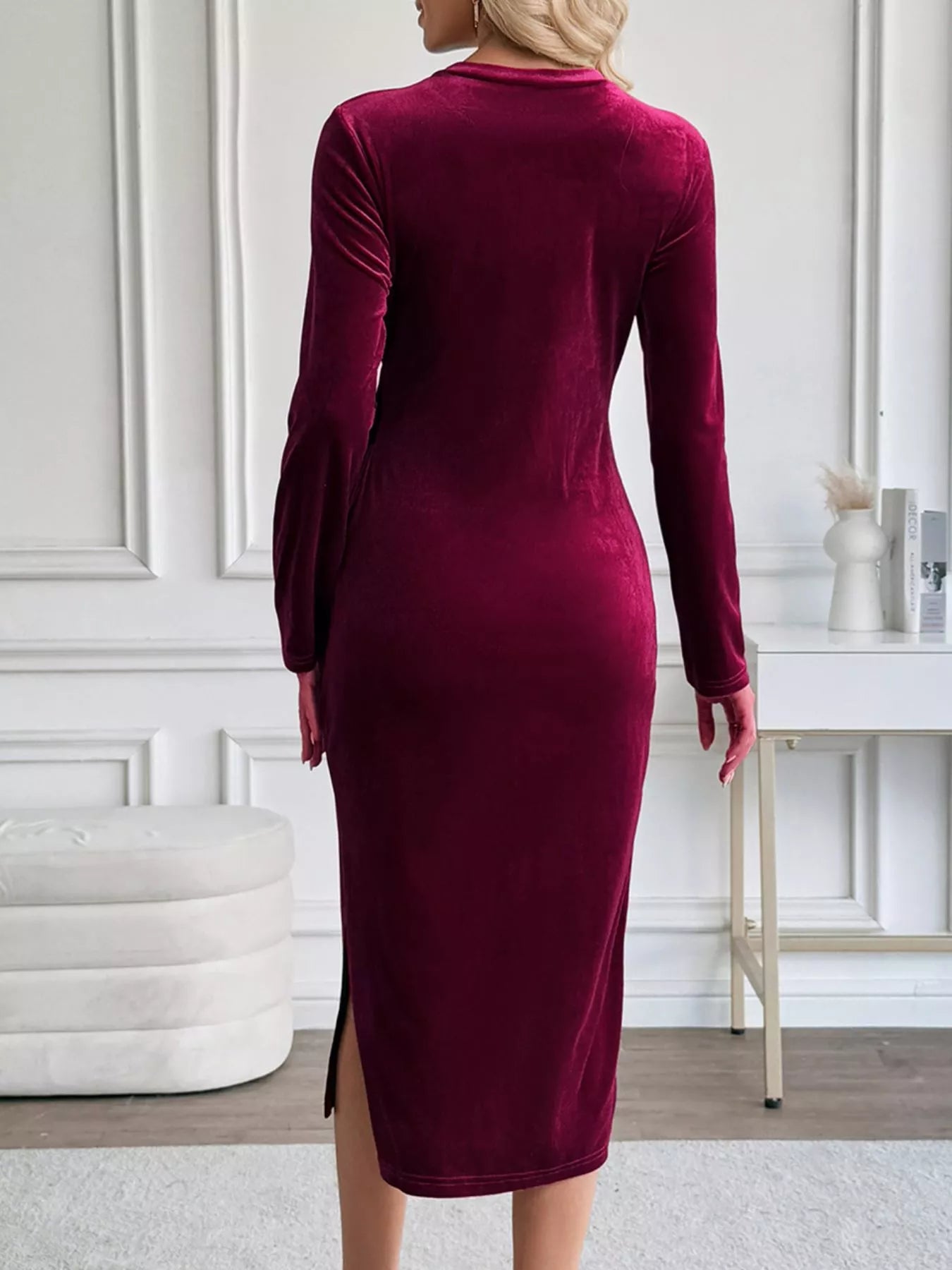 Velvet Slit Round Neck Long Sleeve Dress with Side Tie Detail