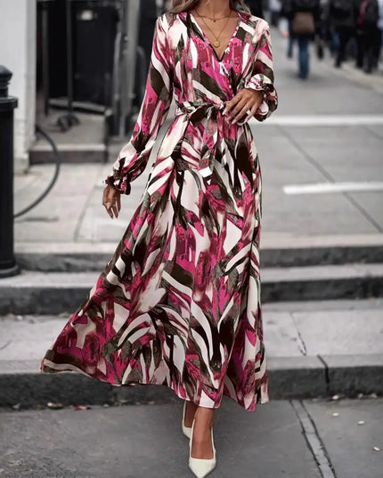 Printed Surplice Long Sleeve Maxi Dress Red Flower