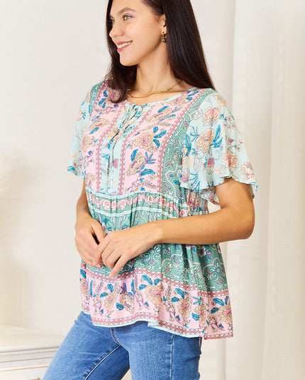 Perfee Floral Tie Neck Short Sleeve Blouse