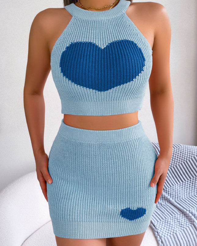 Heart Contrast Ribbed Sleeveless Knit Top and Skirt Set Sky Blue
