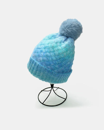Gradient Knit Hat with Pompom Pastel Blue One Size