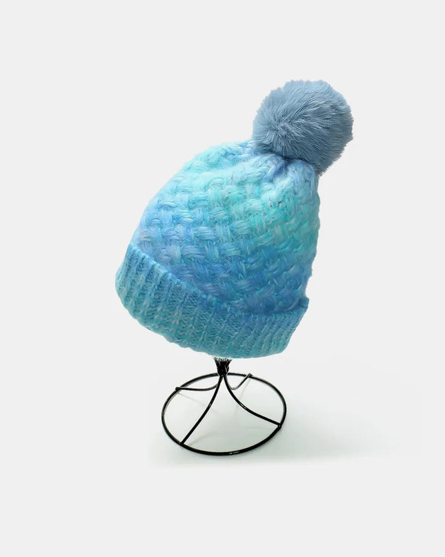 Gradient Knit Hat with Pompom Pastel Blue One Size