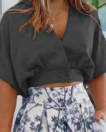 Surplice Top and High Waist Pants Set Black