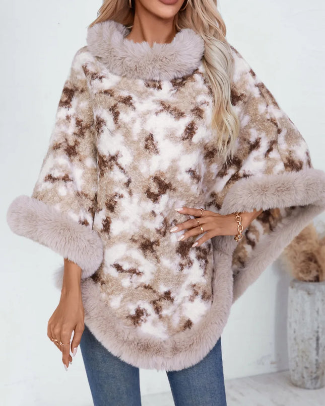 Furry Contrast Three-Quarter Poncho