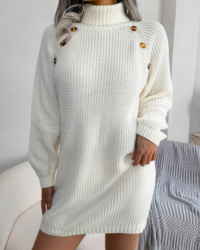 Decorative Button Turtleneck Sweater Dress White