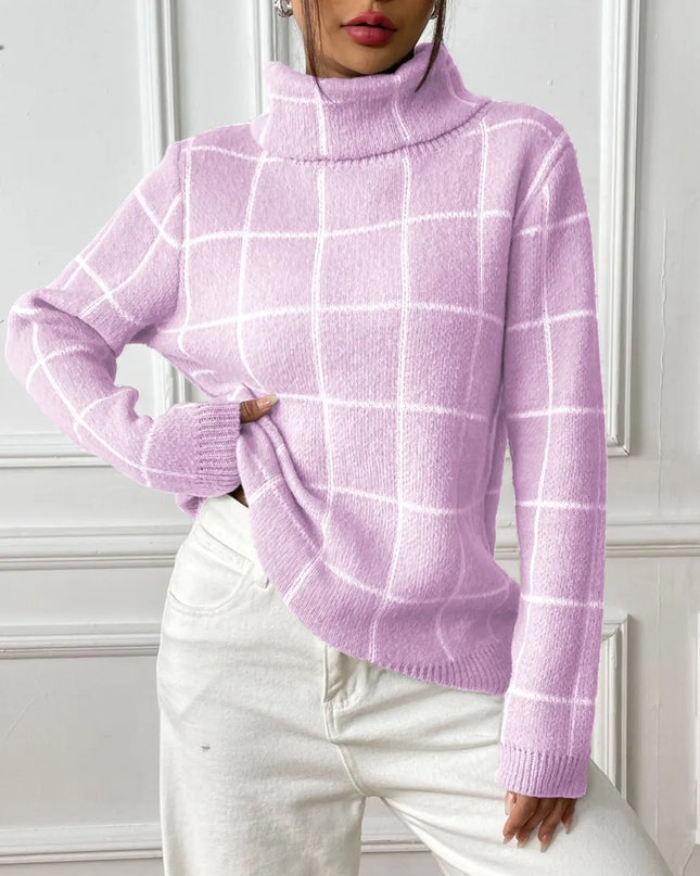 Plaid Turtleneck Long Sleeve Sweater