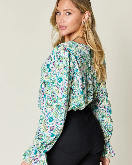 Double Take Full Size Printed Flounce Sleeve Blouse