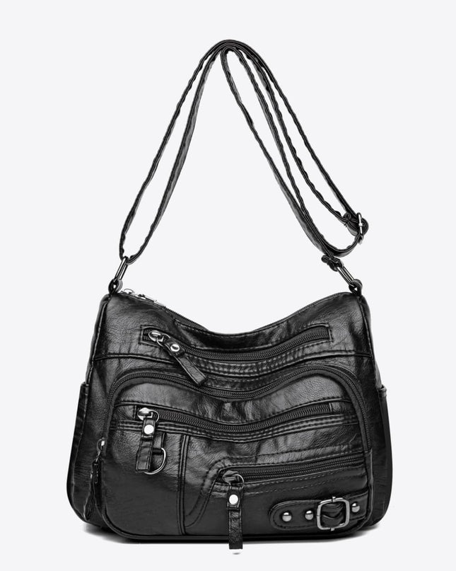 Multi-Pocket PU Leather Crossbody Bag Black One Size