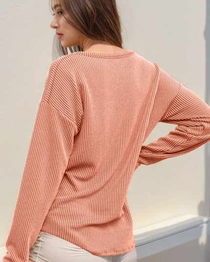 Double Take Striped Notched Long Sleeve T-Shirt