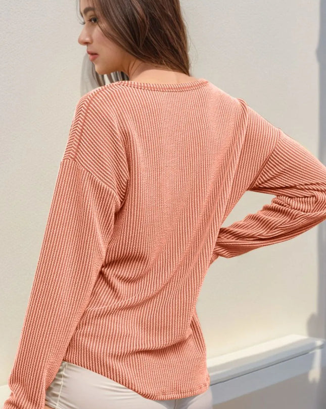 Double Take Striped Notched Long Sleeve T-Shirt