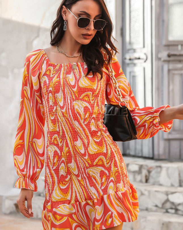 Abstract Print Square Neck Smocked Dress