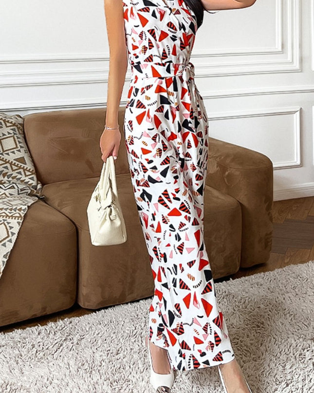 Printed Surplice Neck Sleeveless Jumpsuit