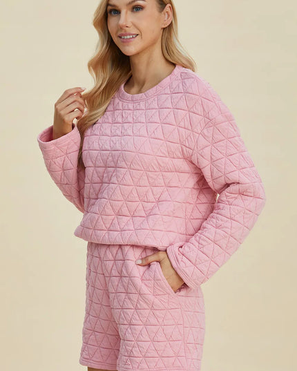 Double Take Full Size Texture Round Neck Long Sleeve Top and Shorts Set