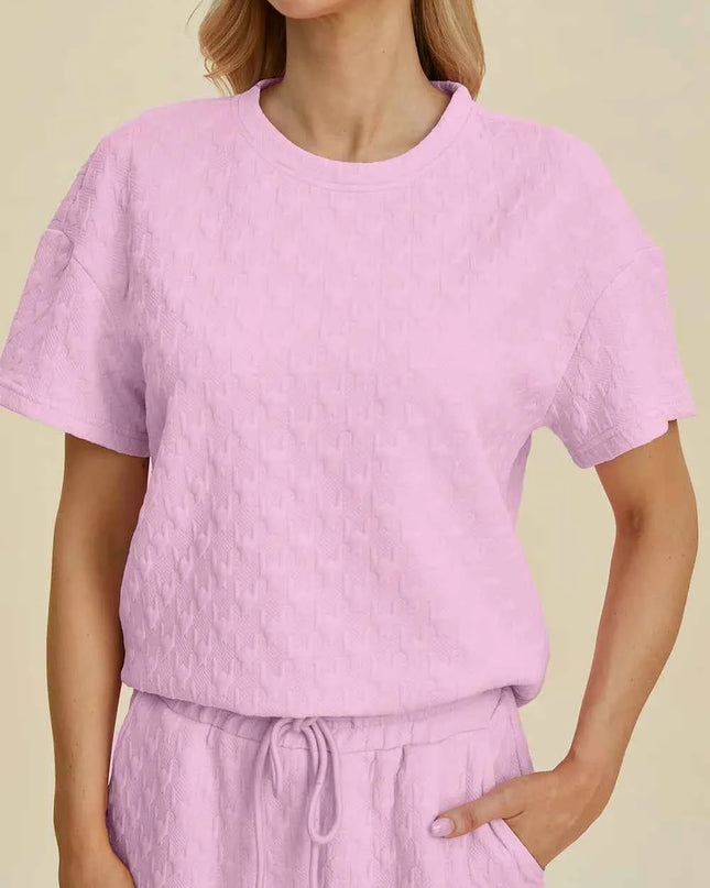Double Take Full Size Texture Round Neck Short Sleeve Top and Pants Set