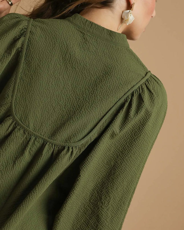 Umgee Textured Notched Blouse with Balloon Sleeves