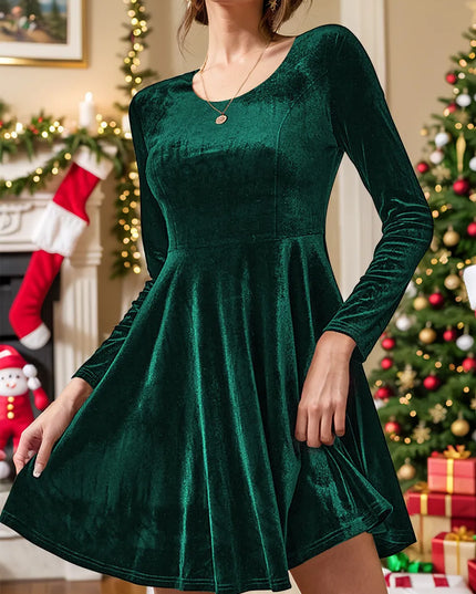 Round Neck Long Sleeve Knee Length Dress Dark Green