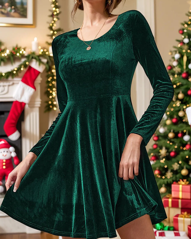 Round Neck Long Sleeve Knee Length Dress Dark Green