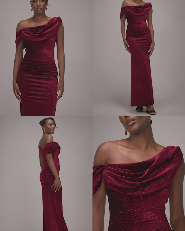 Glitter Velvet Cowl Neck Off The Shoulder Maxi Dress - Black by Goddiva