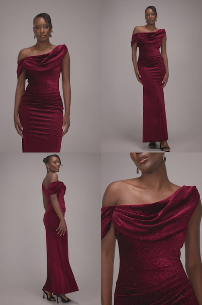 Glitter Velvet Cowl Neck Off The Shoulder Maxi Dress - Black by Goddiva