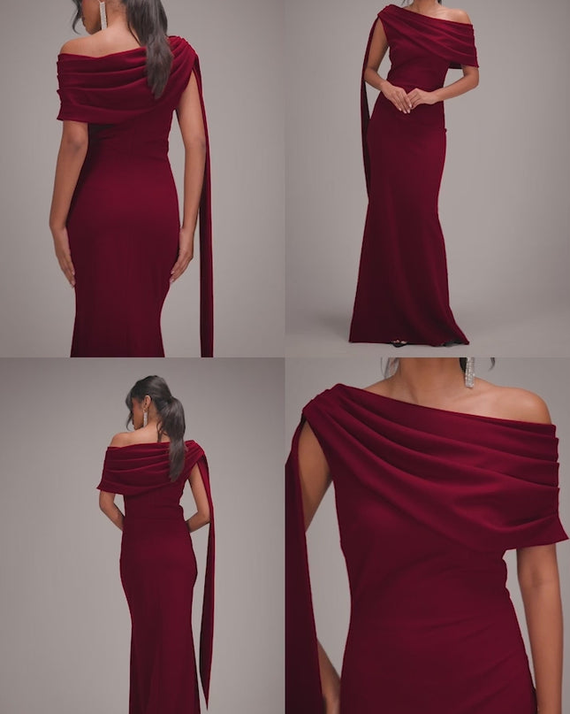 Sash One Shoulder Bardot Maxi Dress - Wine by Goddiva - DR4830