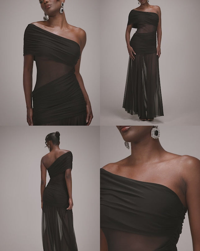 Gathered One Shoulder Sheer Panel Maxi Dress - Wine by Goddiva - DR4828.