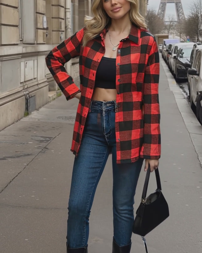 Women's Red & Plaid Button-Up Shirt - Long Sleeve Casual Blouse with Lapel