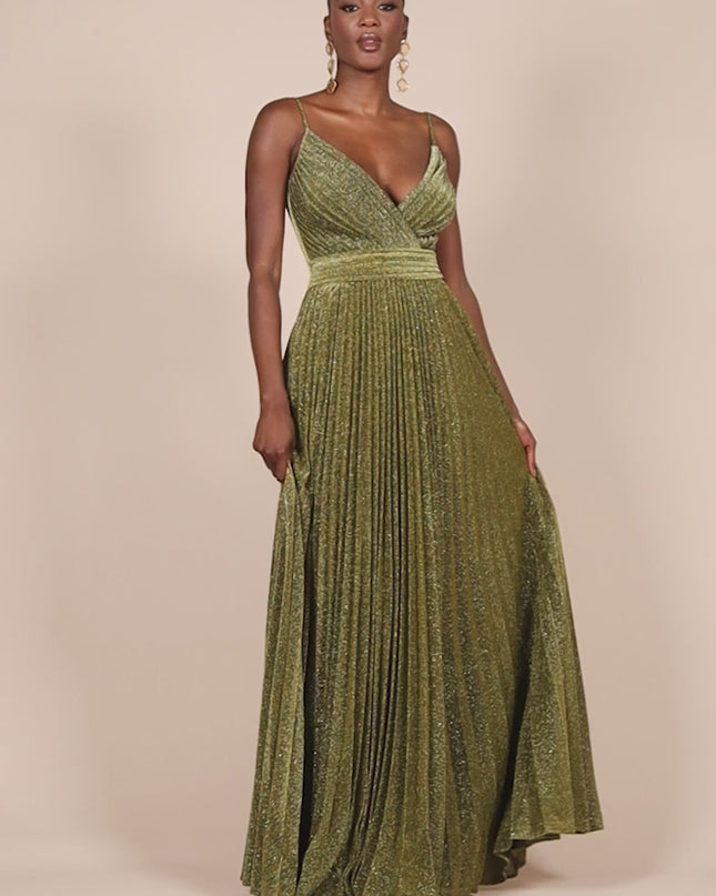 Sleeveless Pleated A Line Lurex Maxi Dress - Pink by Goddiva - DR4494